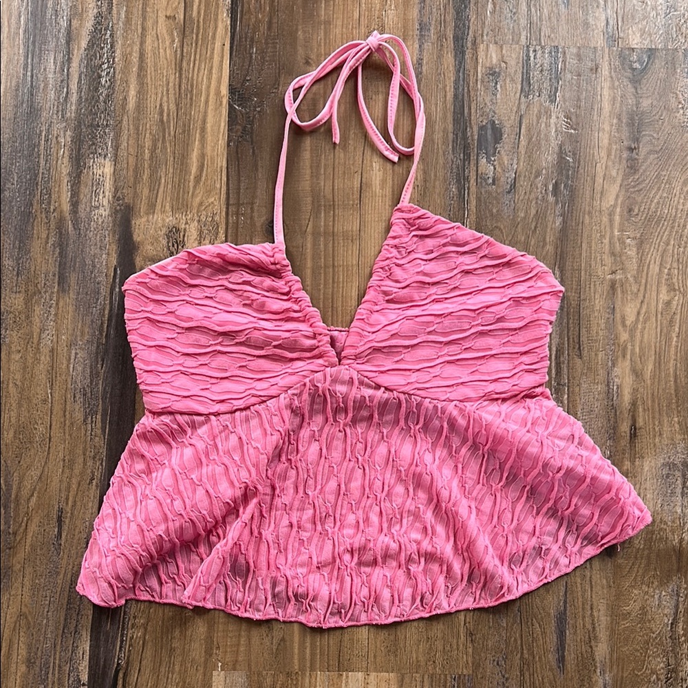 Pink Ruched Peplum Crop Top